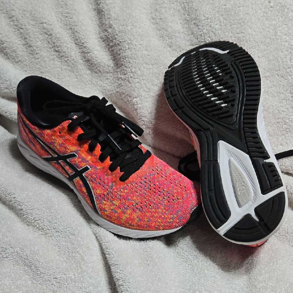 Asics Pink and Black Athletic Shoes with Knit Upper